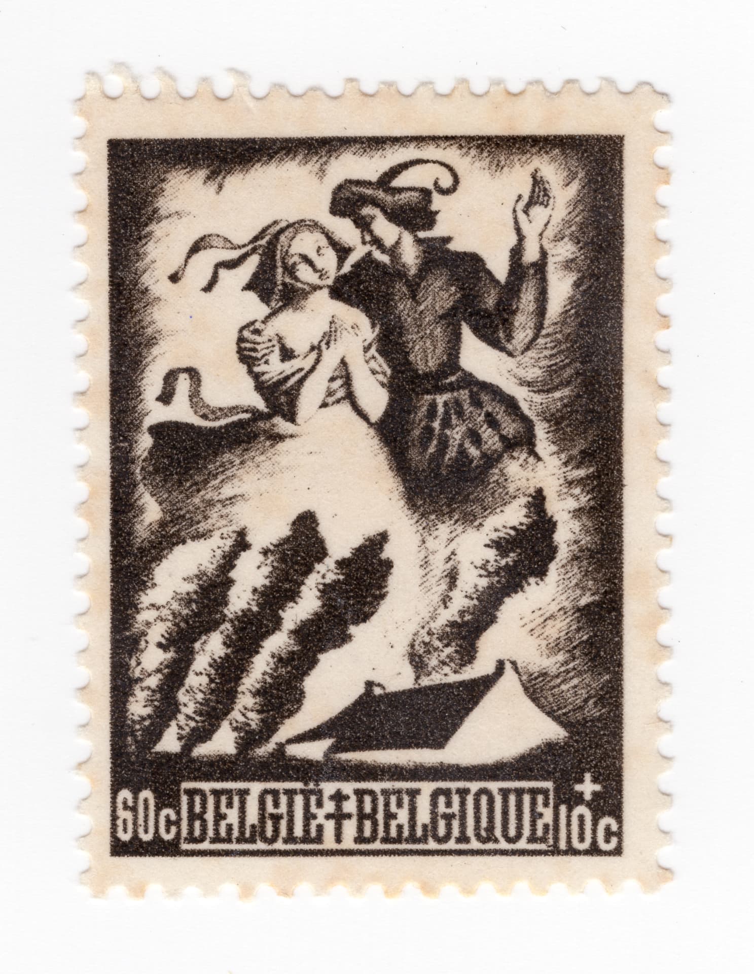 Sepia Belgian charity stamp, 60c + 10c: a man carrying off a woman above rooftops