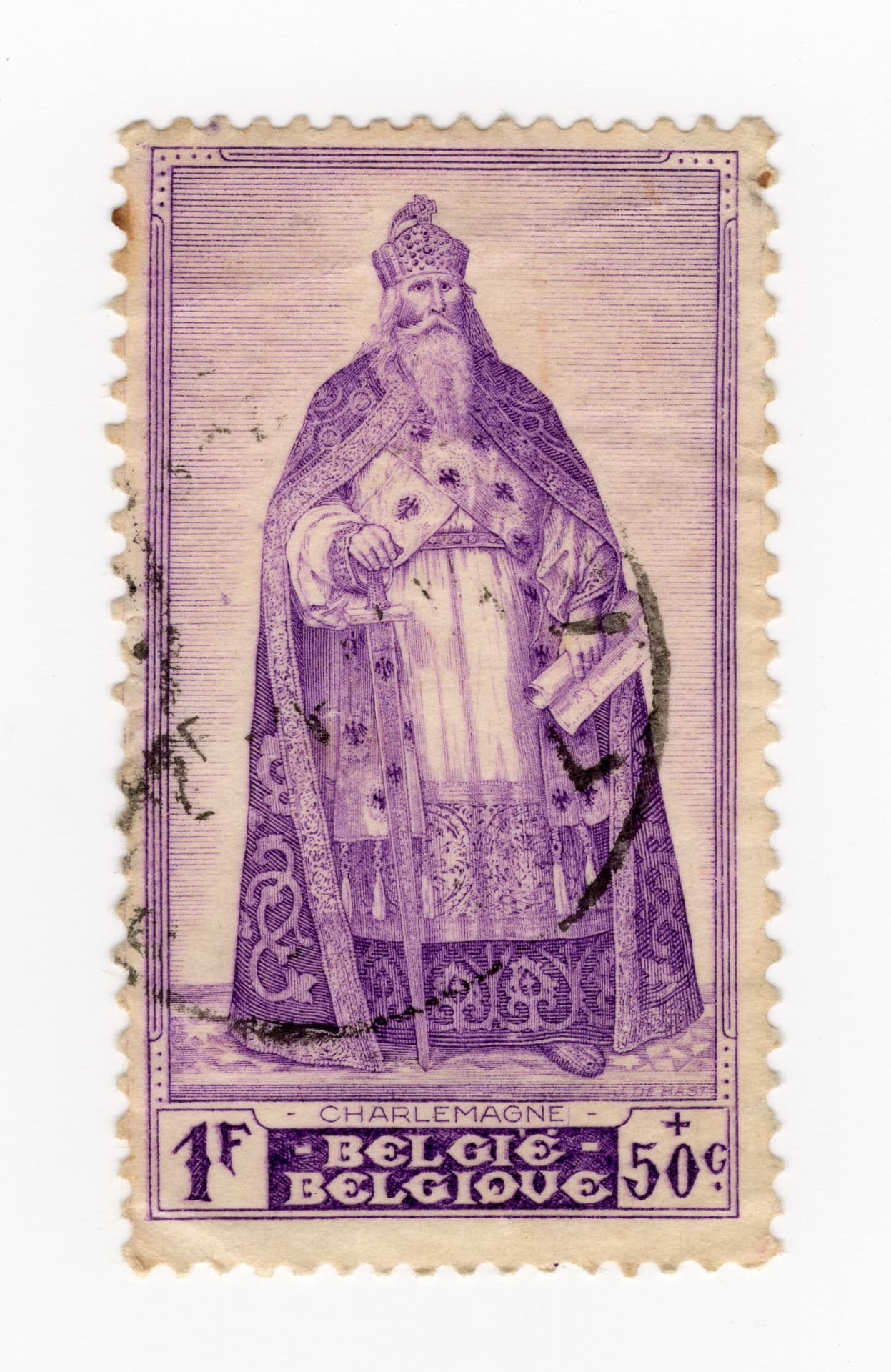 Purple Belgian stamp, 1F + 50c: Charlemagne in full regalia holding a sword and scroll