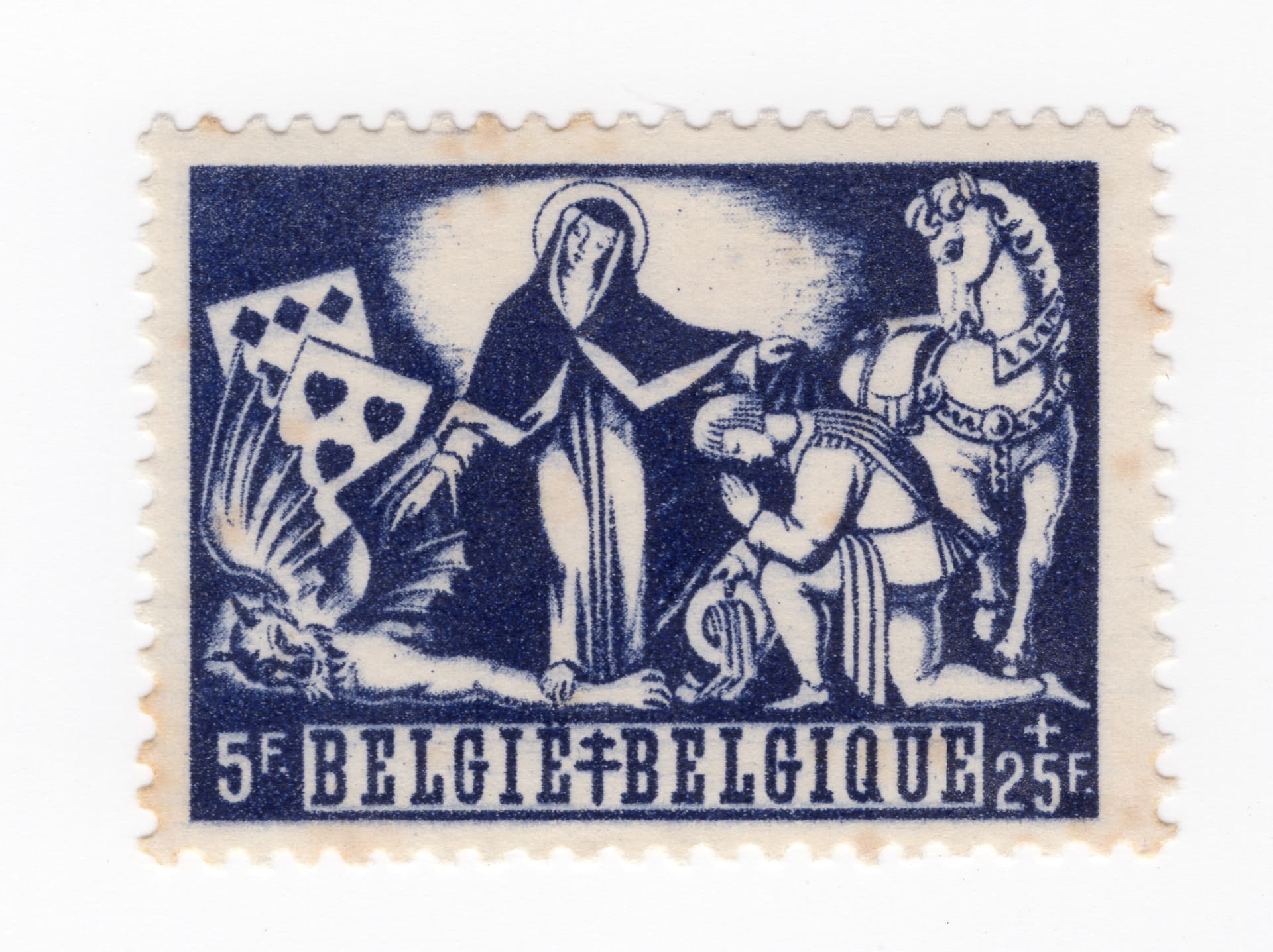 Navy Belgian charity stamp, 5F + 25F: a haloed saint, a kneeling knight and his horse