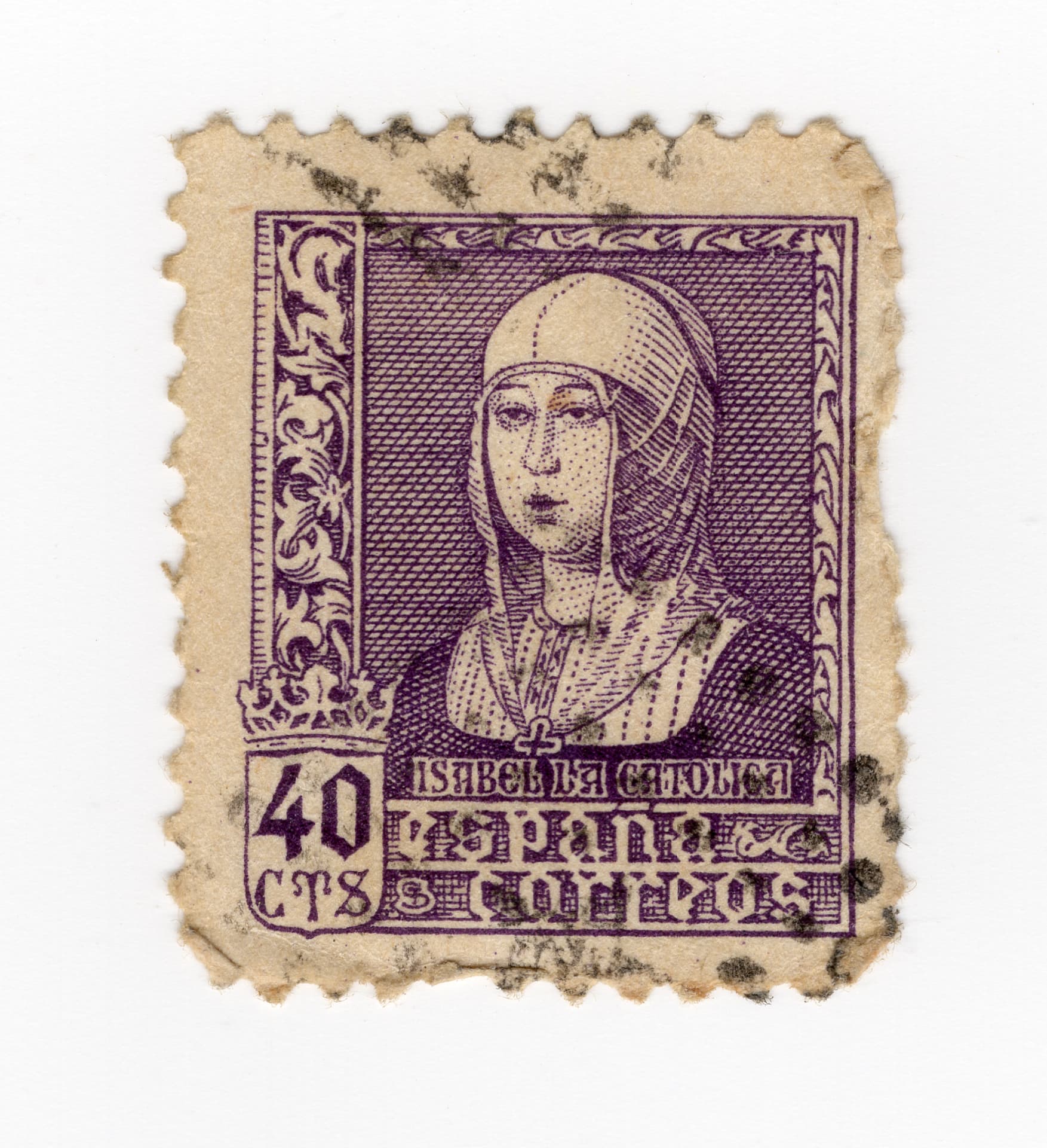 Purple Spanish stamp, 40 céntimos, inscribed Isabel la Católica and España Correos: a half-length portrait of Queen Isabella I of Castile in a medieval veil