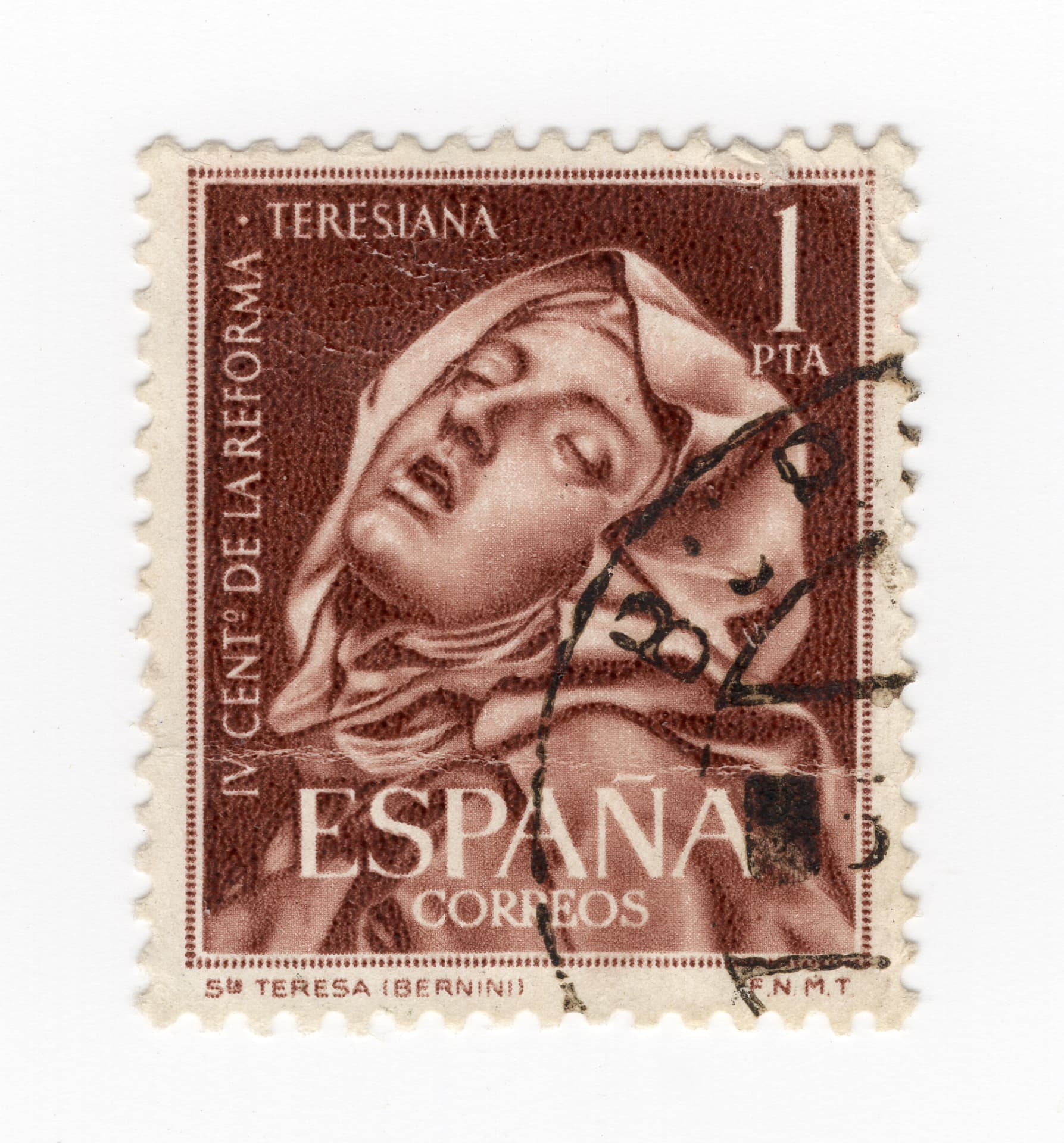 Brown Spanish stamp, 1 peseta: Bernini's sculpture of Saint Teresa in ecstasy, from the fourth centenary of the reform