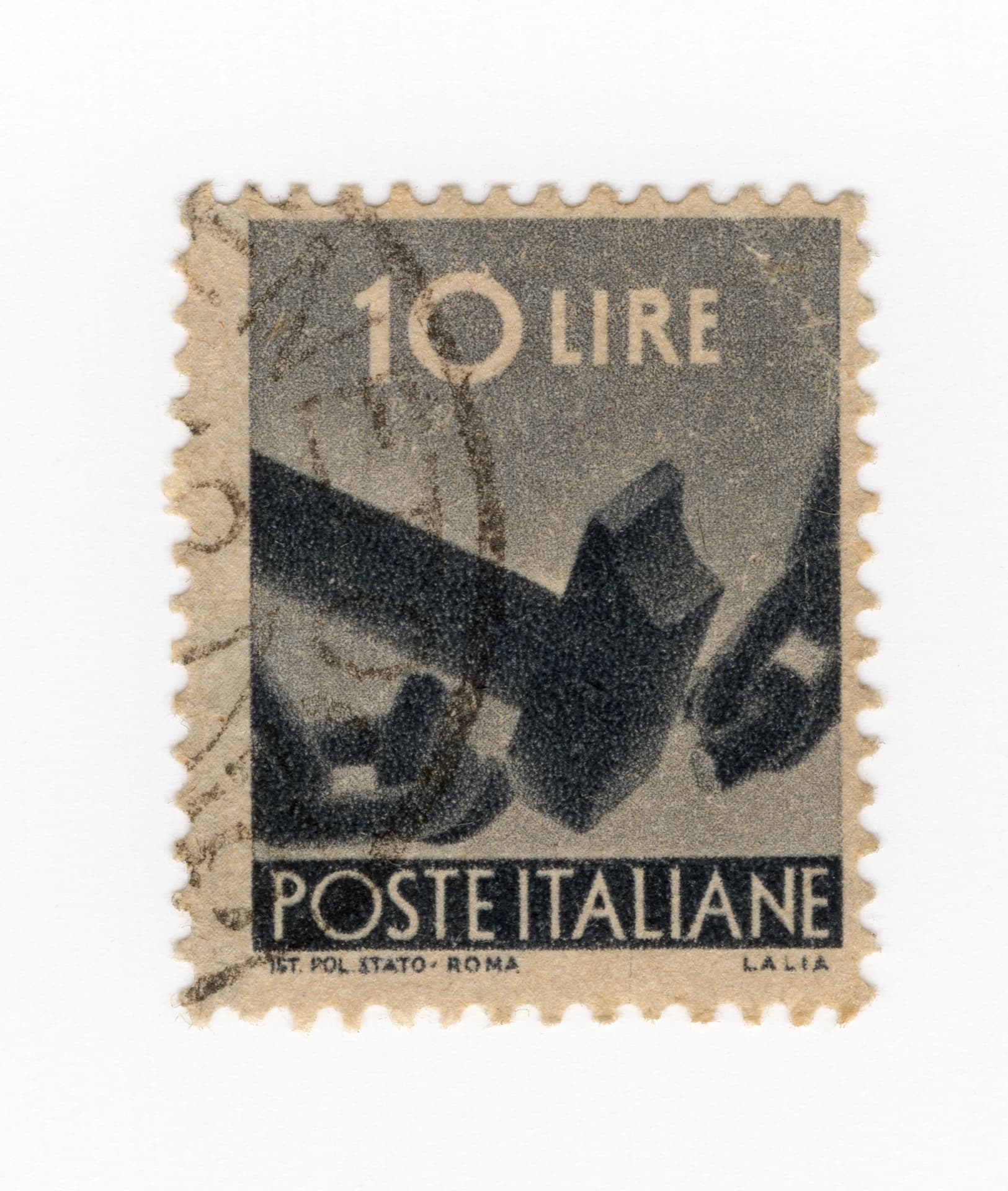 Slate-grey Italian stamp, 10 lire, inscribed Poste Italiane: two hands breaking a heavy iron chain link