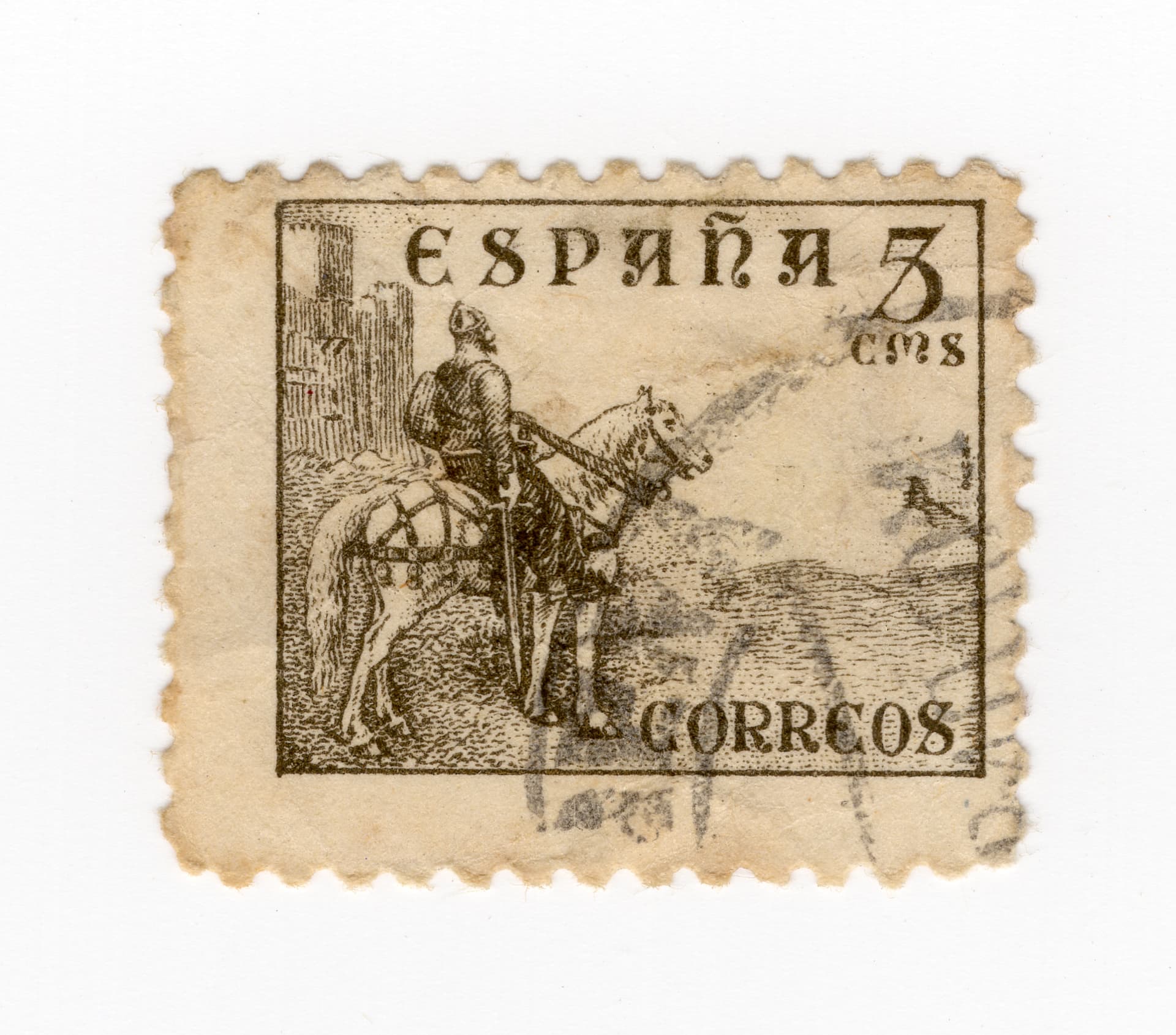 Sepia Spanish stamp, 3 céntimos, inscribed España Correos: an equestrian statue of a medieval Spanish warrior beside a stone castle tower
