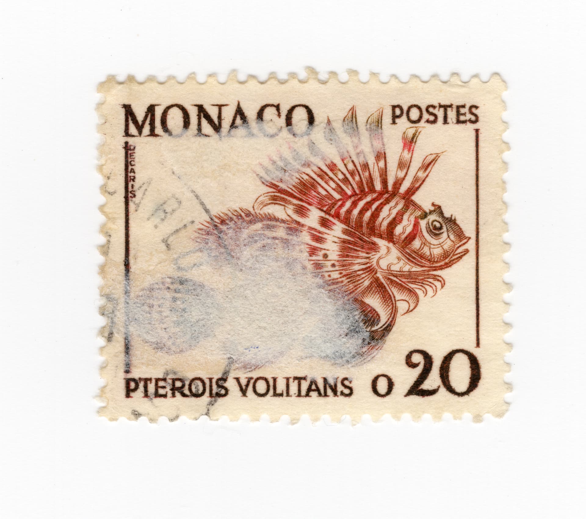 Brownish-red Monaco stamp, 0.20 francs, inscribed MONACO POSTES and Pterois volitans: a lionfish with its fins and spines spread, partly cancelled