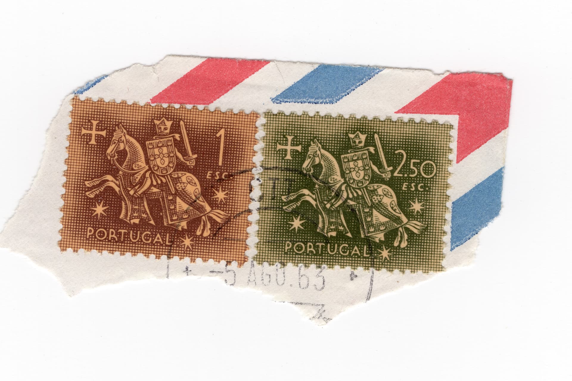 Torn airmail envelope piece with two Portuguese stamps, 1 and 2.50 escudos: a medieval knight on horseback bearing the Portuguese coat of arms